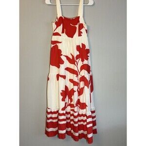 Nine West Womens Tiered Floral Maxi Dress Red White Floral Ruffle Beachy Boho XS